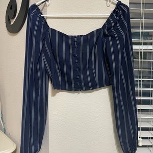 Dark blue Striped long sleeve puffy sleeve crop top in size small
